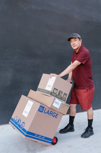 A man dressed in a burgundy polo shirt, matching shorts, black socks, and black shoes pushes a hand truck loaded with three large cardboard boxes, one labeled with blue branding indicating 'LARGE,' ag