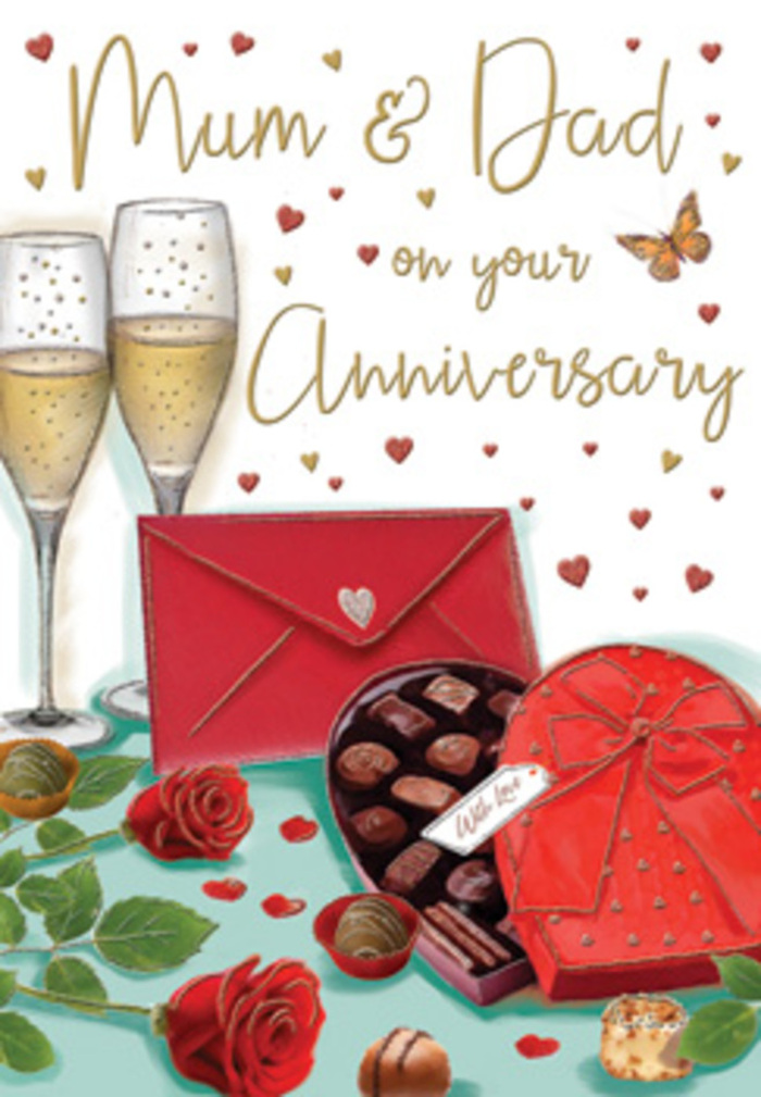 The illustrated anniversary card feels like a lovingly staged still life you might stumble upon in a Fitzrovia apartment just before guests arrive for a family celebration. Two tall, elegant champagne flutes take centre stage, filled with shimmering golden bubbles that seem almost to rise off the page, capturing that exact moment before a heartfelt toast between partners. Nearby, a heart-shaped box of chocolates rests open, its bold red lid and generous satin bow creating a rich contrast against the softer background. Inside, an assortment of carefully drawn chocolates nestles in their compartments, with a couple of pieces playfully set on the tabletop, hinting at shared indulgence and quiet conversation. In front of this, two full-headed red roses lie across lush green leaves, their petals dense, velvety, and slightly curled at the edges, exactly as they would look when chosen fresh from a skilled florist's selection in Fitzrovia. A vivid crimson envelope, sealed and angled invitingly towards the viewer, suggests a hand-written message to Mum & Dad, perhaps composed earlier that day in a café off Tottenham Court Road. All around, tiny red hearts and graceful strokes of gold drift across a pale, softly lit backdrop, adding a whimsical yet sophisticated frame to the central scene. The card's atmosphere is one of cosy evening warmth-imagine gentle background music, the clink of glass from a home near Fitzroy Square, and the reassuring sense that this anniversary is not just a date, but a celebration of years of shared stories, laughter, and unwavering affection.