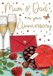 This anniversary card illustration offers a richly romantic tableau that feels perfectly suited to a family celebration in Fitzrovia. Two slender champagne flutes stand close together, each filled with sparkling golden champagne whose fine bubbles seem suspended mid-rise, holding that quiet hush just before a loving toast. Beside them, a heart-shaped chocolate box with a bold red lid and luxuriant ribbon is drawn half-open, revealing an array of bite-sized chocolates, with a few scattered invitingly on the table to suggest shared, unhurried indulgence. In the foreground, two plush red roses rest among glossy green leaves, their velvety petals rendered with care, like blooms freshly selected that morning from a local florist near Fitzroy Square Gardens. A bright scarlet envelope lies slightly to the side, sealed and subtly pointing towards the viewer, hinting at a hand-written anniversary message addressed tenderly to Mum & Dad. Delicate golden strokes and tiny crimson hearts float across the pale background, wrapping the composition in a soft, celebratory glow reminiscent of evening light filtering down a Fitzrovia side street. The whole scene feels intimate and joyful, as if the card is capturing a snapshot from a family gathering in a flat just off Goodge Street: glasses about to meet in a gentle clink, chocolates to be savoured slowly, and roses perfuming the room with the quiet assurance of long-standing love and gratitude.